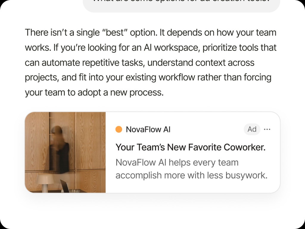 Illustrative sponsored ad preview inside a ChatGPT-style conversation